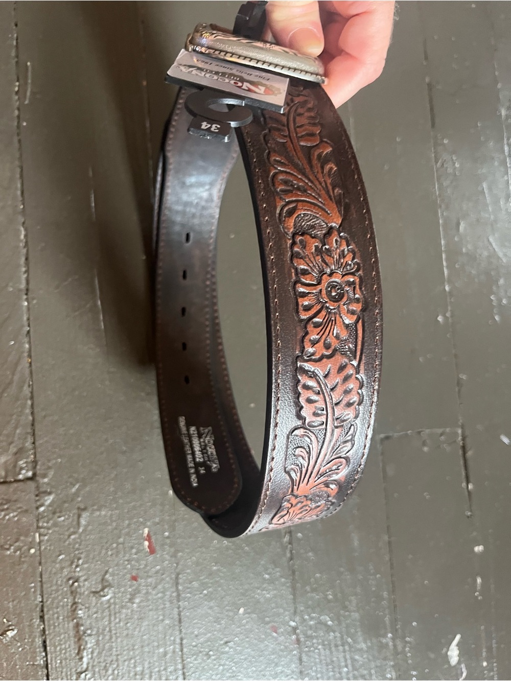 Nocona Brown Tooled Floral Leather Belt with Silver Buckle
